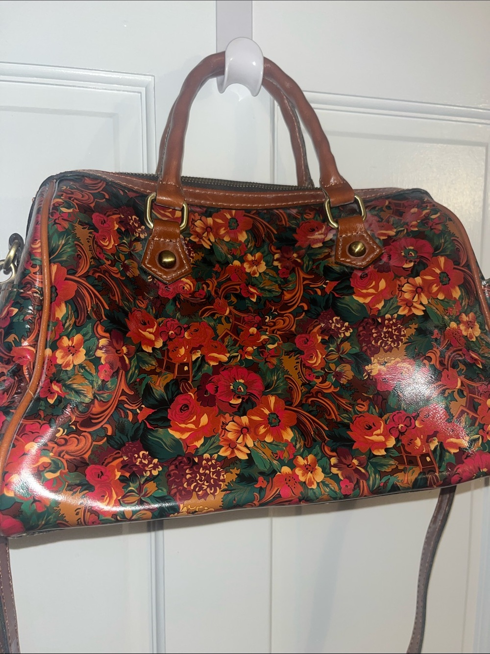 Patricia Nash Floral Patent Leather Satchel Handbag - Red & Brown - Picture 2 of 8